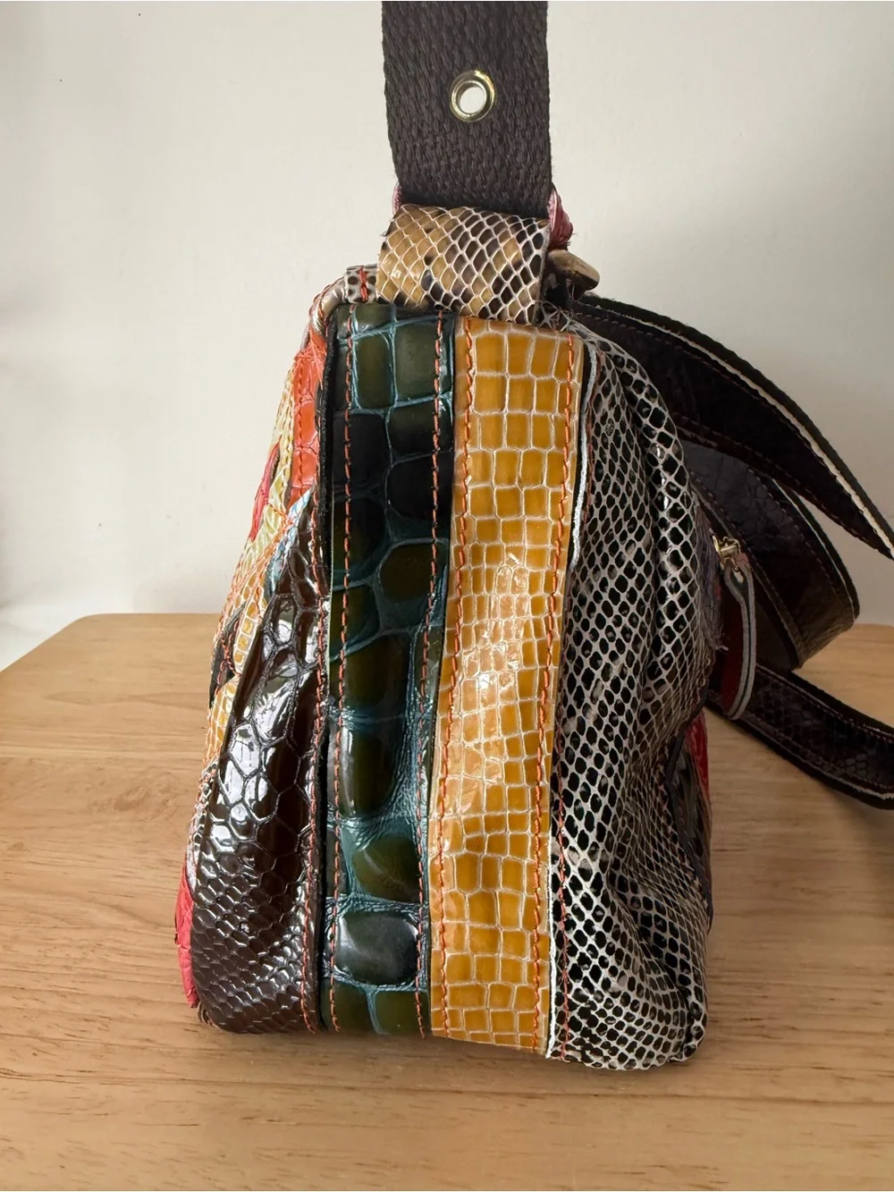 Chaos Patchwork Genuine Leather Crossbody Bag Multicolor Snake Croc Embossed